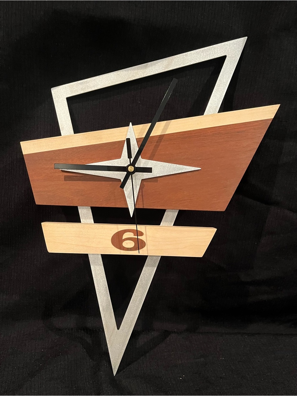 Aluminum, Brazilian walnut, maple mid-century inspired clock.
